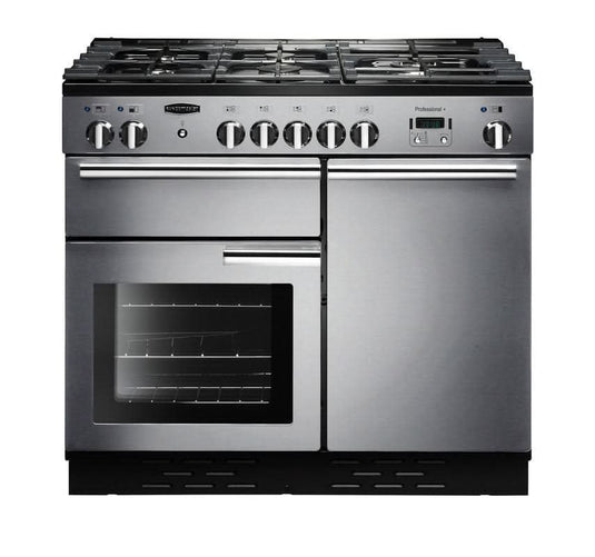 dual fuel rangemaster professional plus 100 in stainless steel with chrome trim