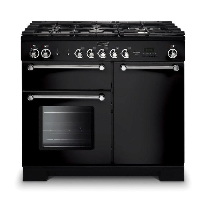 dual fuel rangemaster kitchener 100 in black with chrome trim