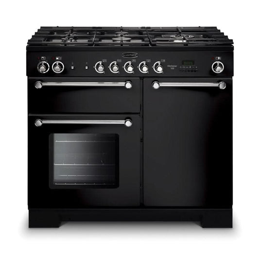 dual fuel rangemaster kitchener 100 in black with chrome trim