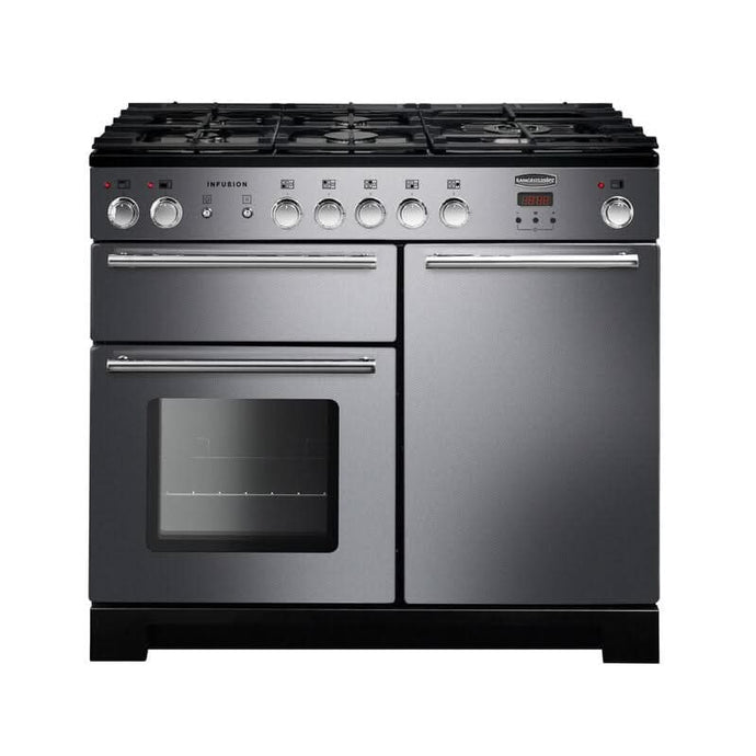 dual fuel rangemaster infusion 100 in stainless steel with chrome trim