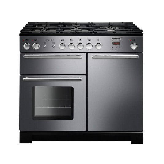 dual fuel rangemaster infusion 100 in stainless steel with chrome trim
