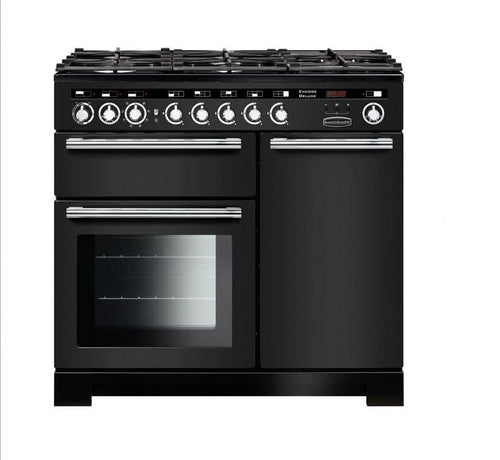 dual fuel rangemaster encore deluxe 100 in black with chrome trim
