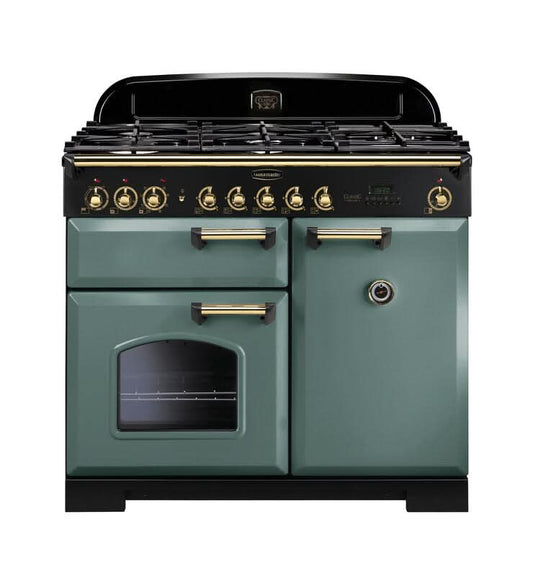 dual fuel rangemaster classic deluxe 100 in mineral green with brass trim