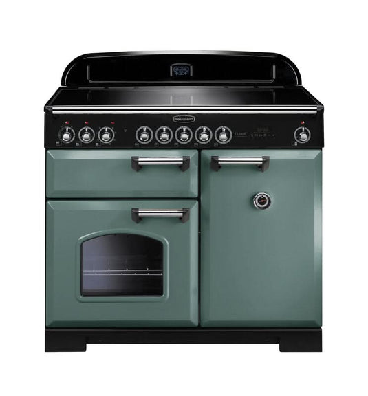 induction rangemaster classic deluxe 100 in mineral green with chrome trim