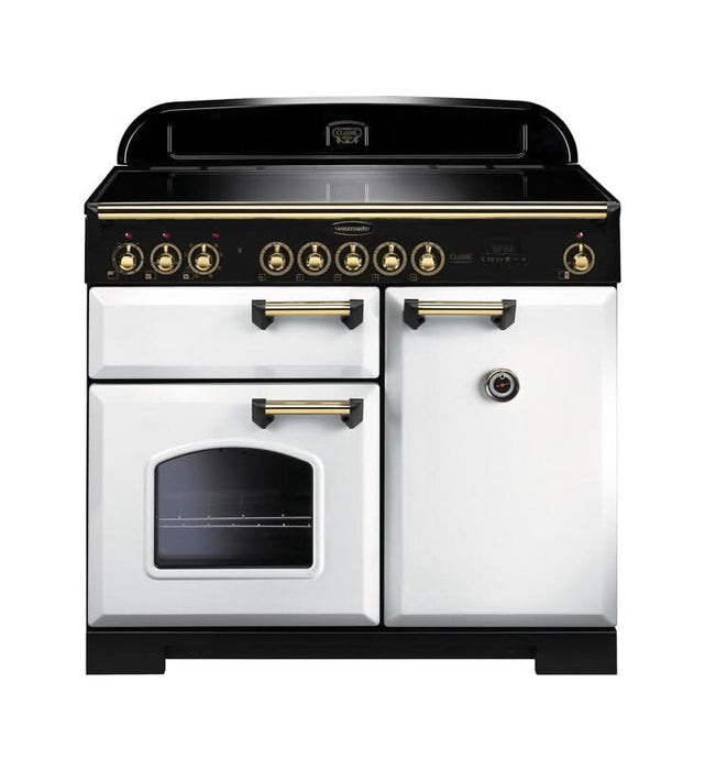 induction rangemaster classic deluxe 100 in white with brass trim