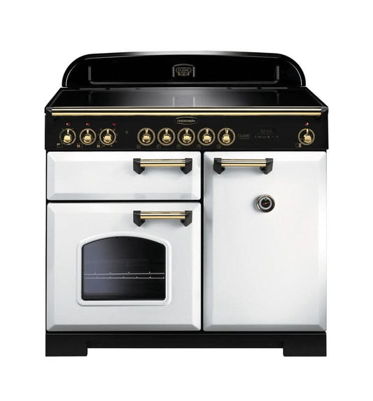 induction rangemaster classic deluxe 100 in white with brass trim
