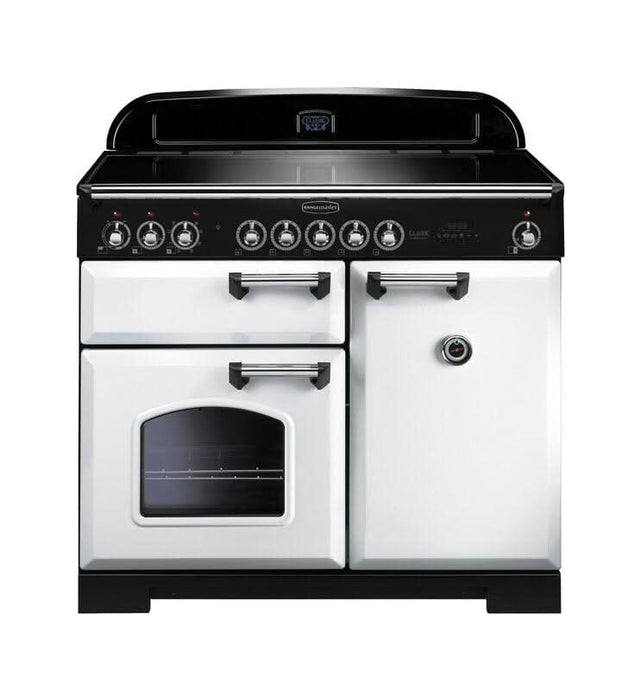 induction rangemaster classic deluxe 100 in white with chrome trim