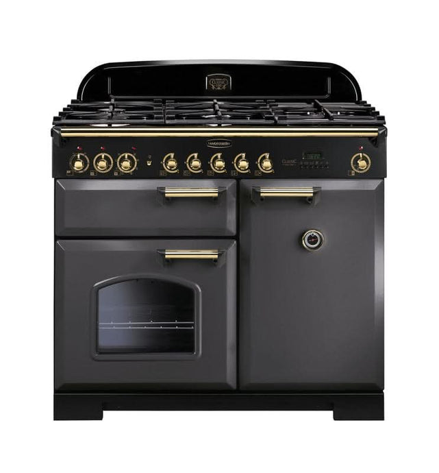 dual fuel rangemaster classic deluxe 100 in slate with brass trim