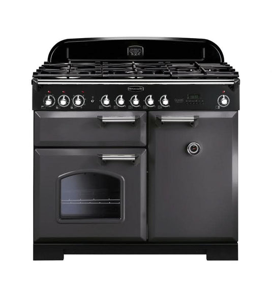 dual fuel rangemaster classic deluxe 100 in slate with chrome trim