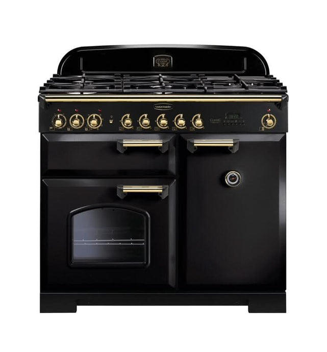dual fuel rangemaster classic deluxe 100 in black with brass trim