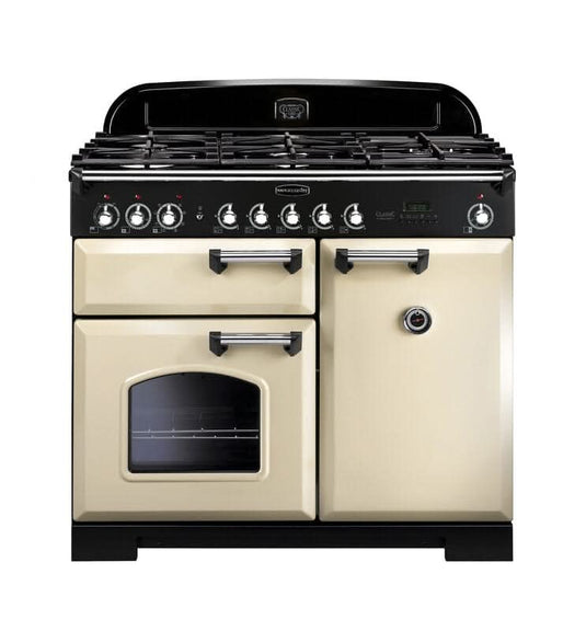 dual fuel rangemaster classic deluxe 100 in cream with chrome trim