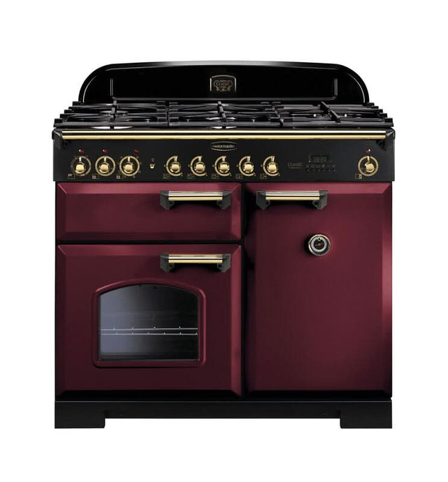 dual fuel rangemaster classic deluxe 100 in cranberry with brass trim
