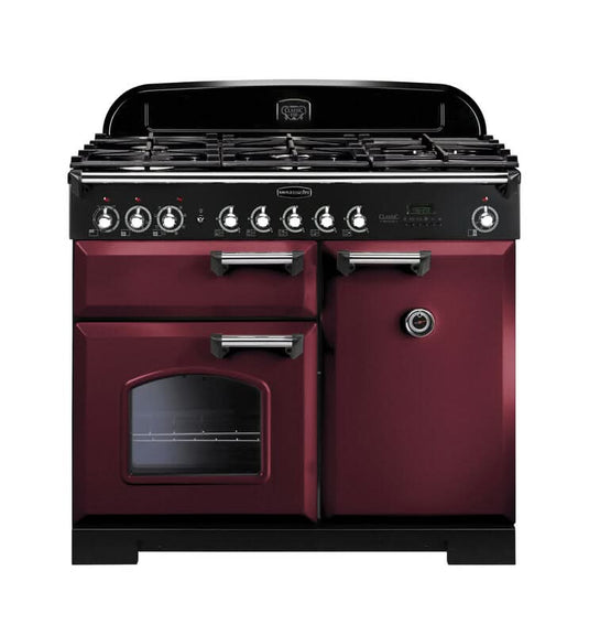 dual fuel rangemaster classic deluxe 100 in cranberry with chrome trim