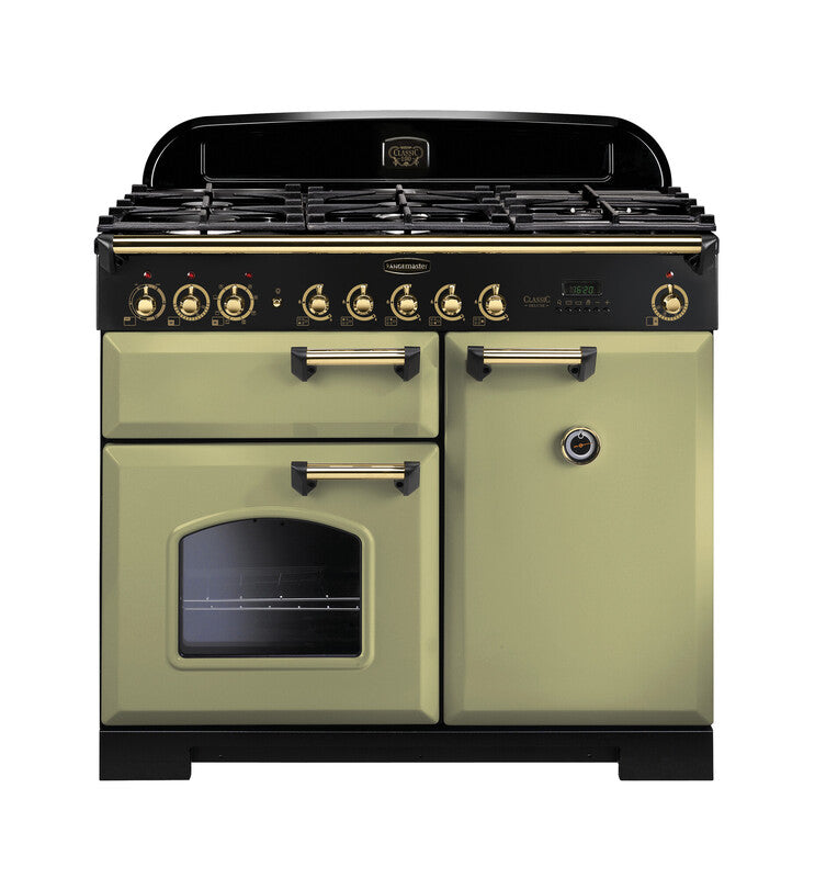 Load image into Gallery viewer, Rangemaster Classic Deluxe 100 | Dual Fuel | Olive Green | Brass Trim | CDL100DFFOG/B
