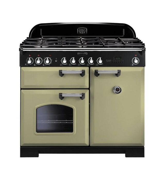dual fuel rangemaster classic deluxe 100 in  olive green with chrome trim