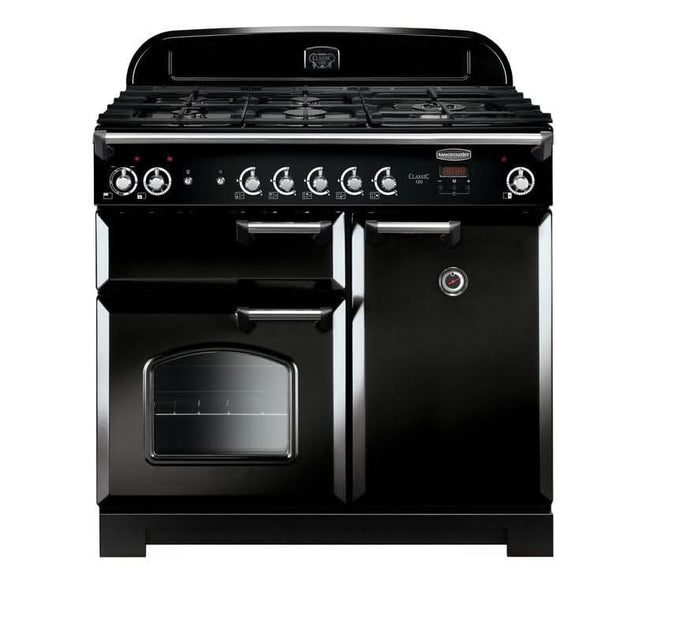 natural gas rangemaster classic 100 in black with chrome trim