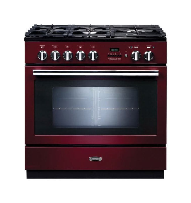 cranberry and chrome trim dual fuel cooker with double oven and 5 burner gas hob