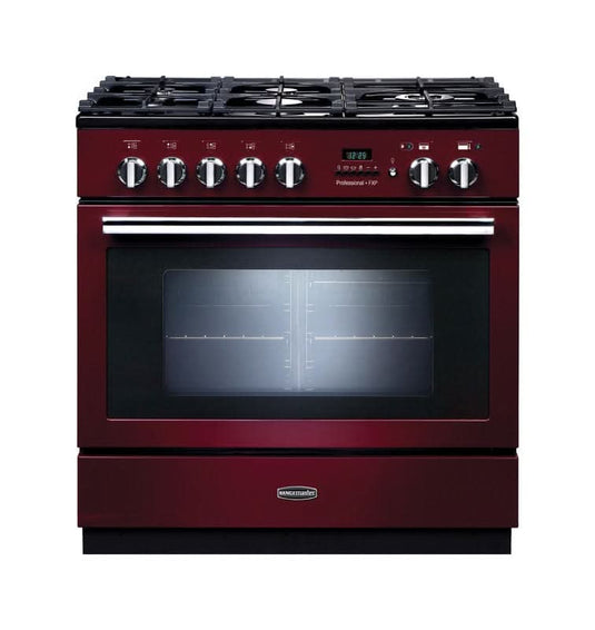 cranberry and chrome trim dual fuel cooker with double oven and 5 burner gas hob