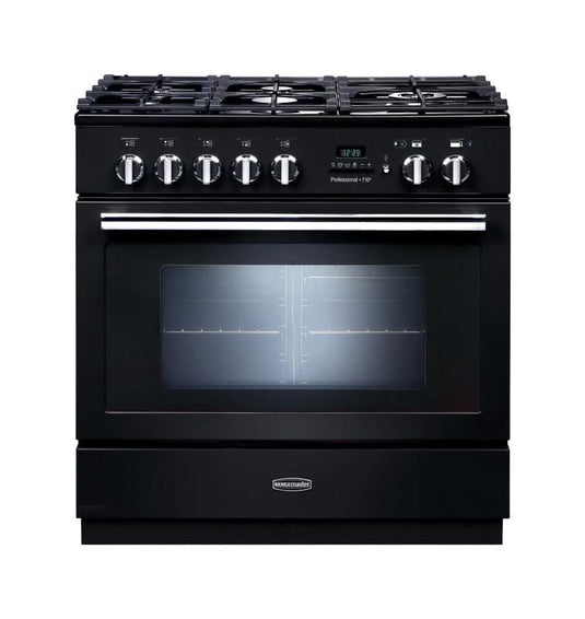 black and chrome trim dual fuel cooker with double oven and 5 burner gas hob