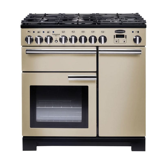 dual fuel rangemaster professional deluxe 90 in cream with chrome trim