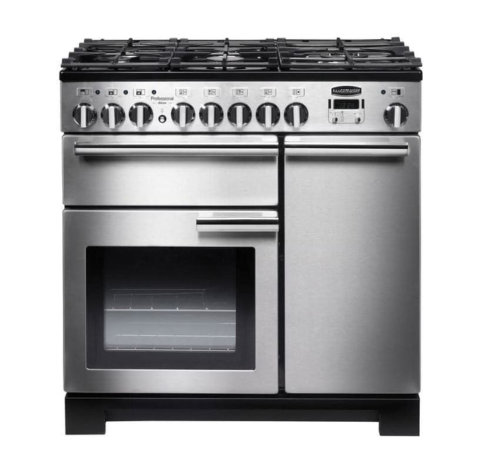 dual fuel rangemaster professional deluxe 90 in stainless steel with chrome trim