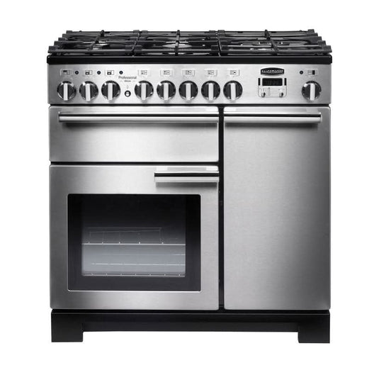 dual fuel rangemaster professional deluxe 90 in stainless steel with chrome trim