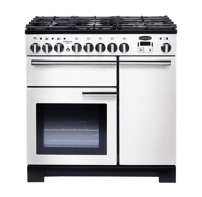 dual fuel rangemaster professional deluxe 90 in white with chrome trim