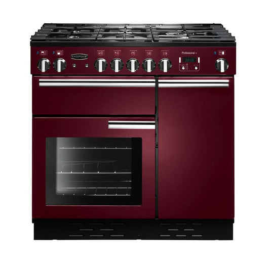dual fuel rangemaster professional plus 90 in cranberry with chrome trim
