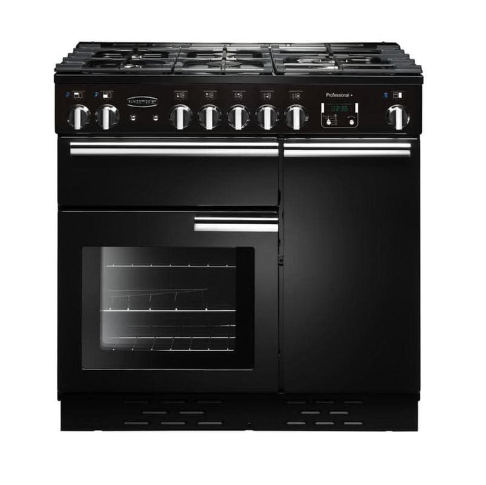 natural gas rangemaster professional plus 90 in black with chrome trim