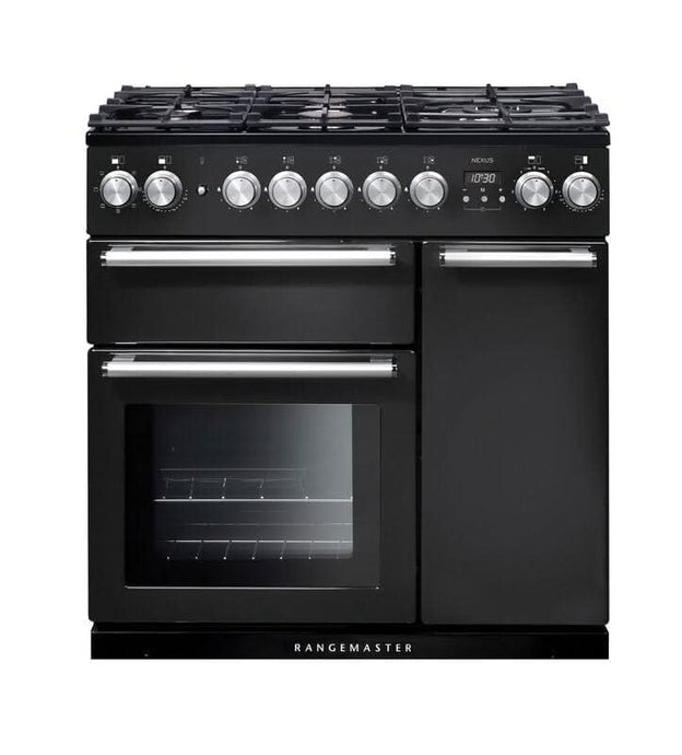 dual fuel rangemaster nexus 90 in black with chrome trim