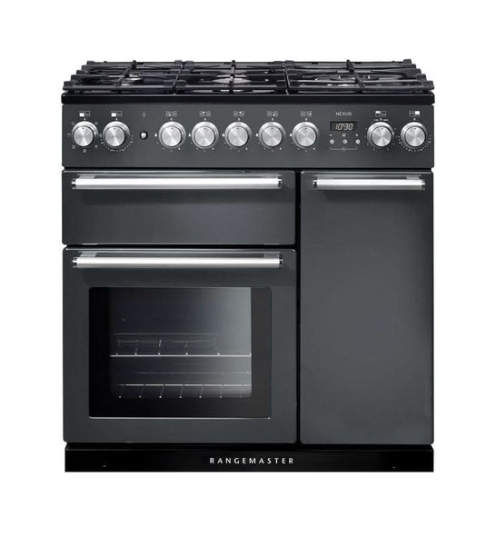dual fuel rangemaster nexus 90 in slate with chrome trim