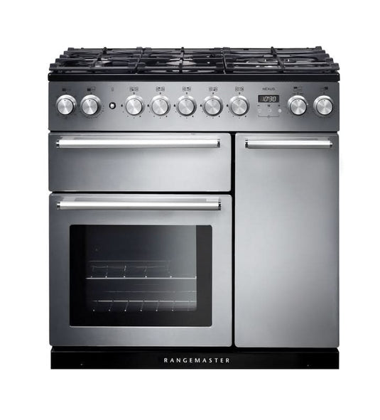 dual fuel rangemaster nexus 90 in stainless steel with chrome trim