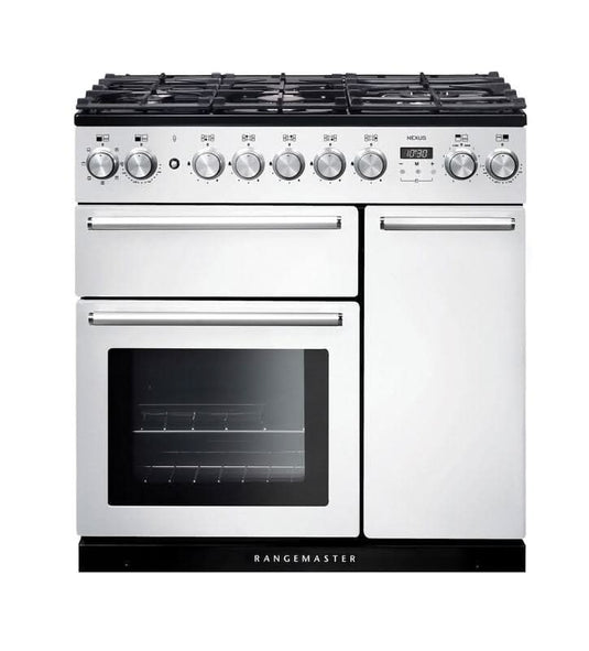 dual fuel rangemaster nexus 90 in white with chrome trim