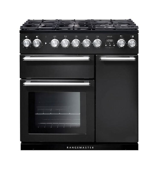 dual fuel rangemaster nexus 90 in charcoal black with chrome trim
