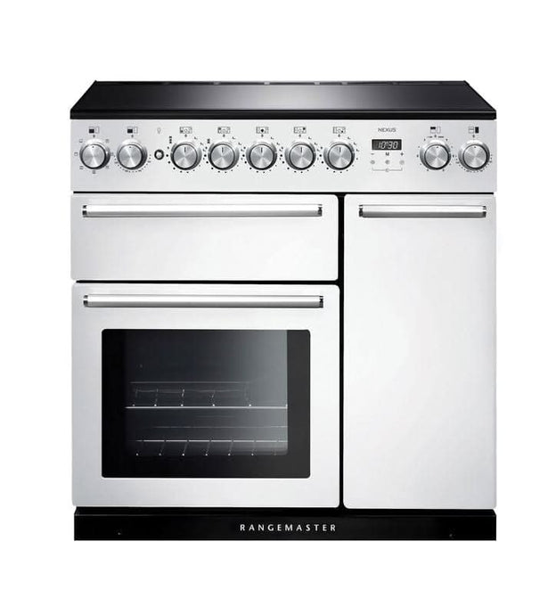 induction rangemaster nexus 90 in white with chrome trim