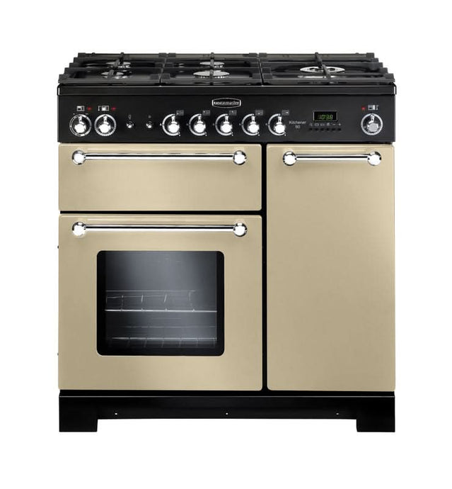 dual fuel rangemaster kitchener 90 in cream with chrome trim