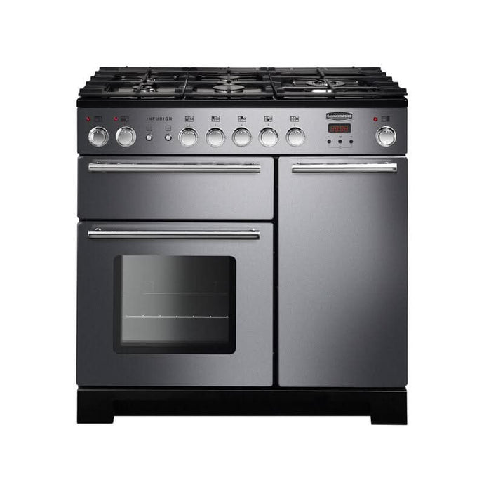 dual fuel rangemaster infusion 90 in stainless steel with chrome trim