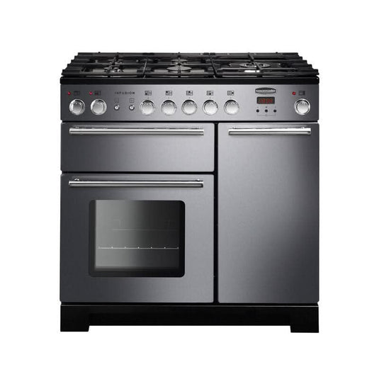 dual fuel rangemaster infusion 90 in stainless steel with chrome trim