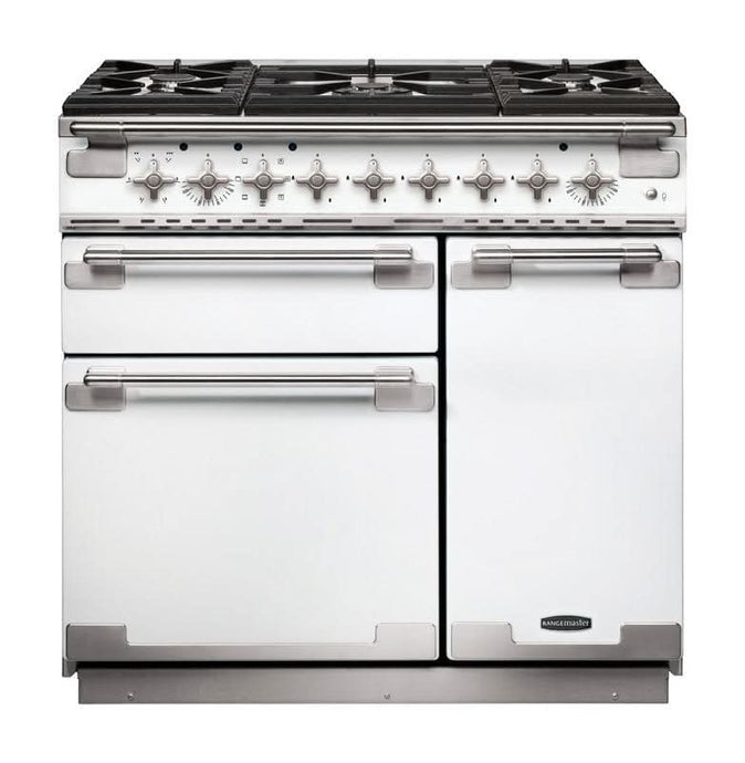 dual fuel rangemaster elise 90 in white with chrome trim