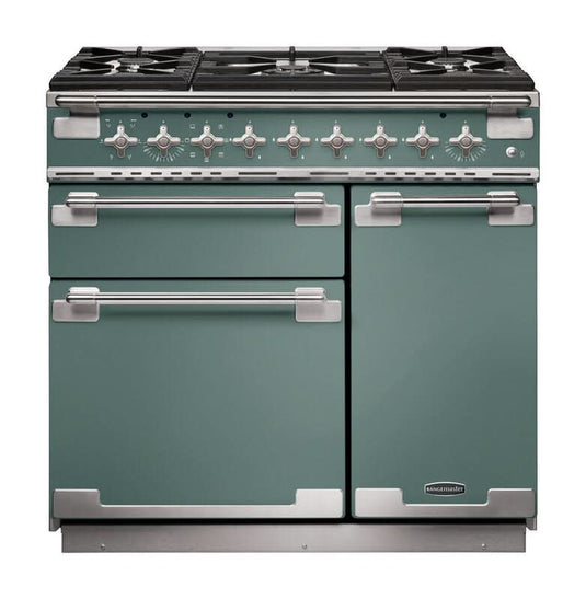 dual fuel rangemaster elise 90 in mineral green with chrome trim