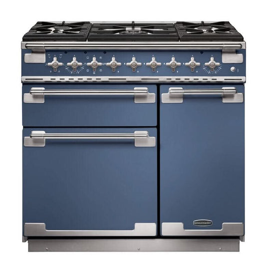 dual fuel rangemaster elise 90 in stone blue with chrome trim