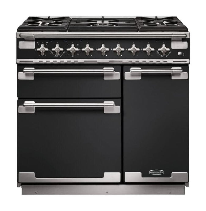 dual fuel rangemaster elise 90 in charcoal black with chrome trim