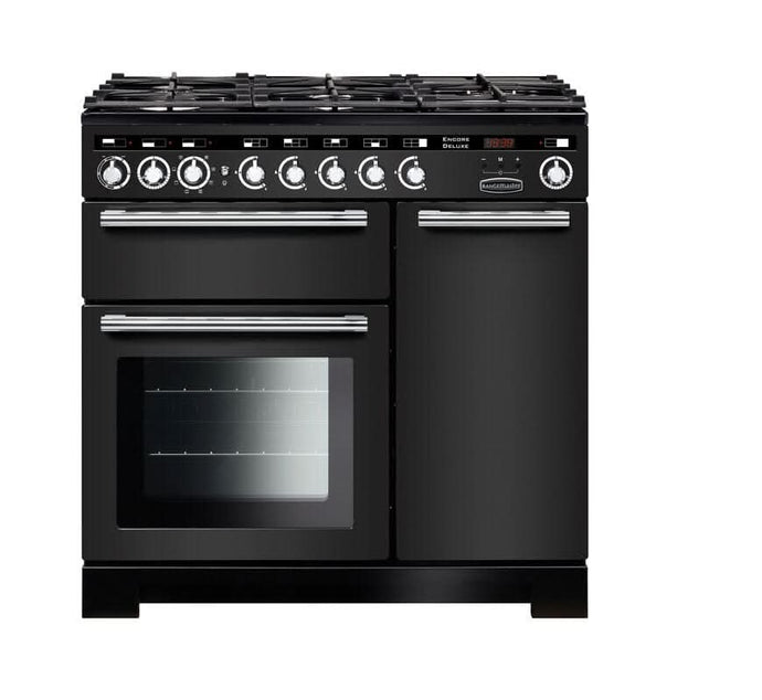 dual fuel rangemaster encore deluxe 90 in black with chrome trim