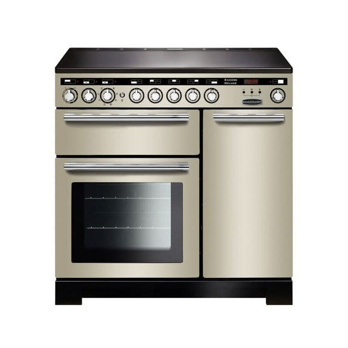 induction rangemaster encore deluxe 90 in ivory with chrome trim