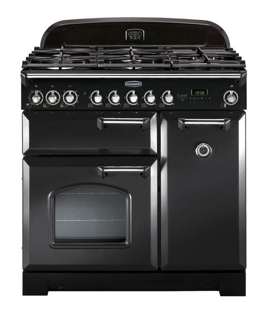 dual fuel rangemaster classic deluxe 90 in black with chrome trim