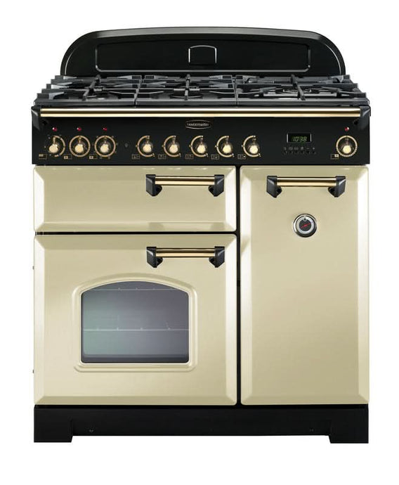 dual fuel rangemaster classic deluxe 90 in cream with brass trim