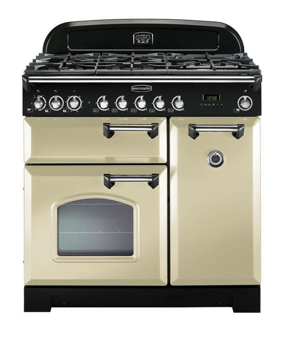 dual fuel rangemaster classic deluxe 90 in cream with chrome trim