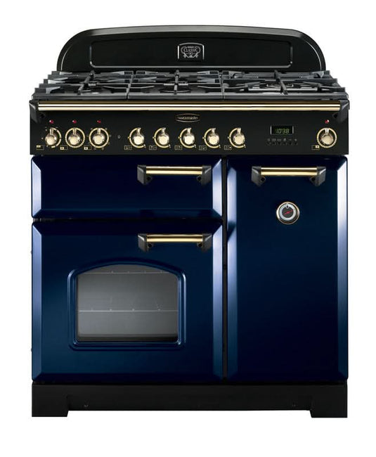 dual fuel rangemaster classic deluxe 90 in blue with brass trim