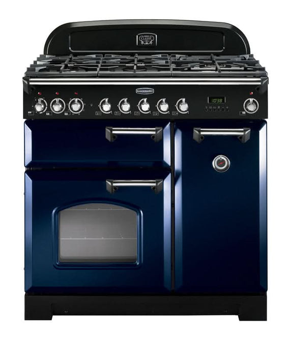 dual fuel rangemaster classic deluxe 90 in blue with chrome trim