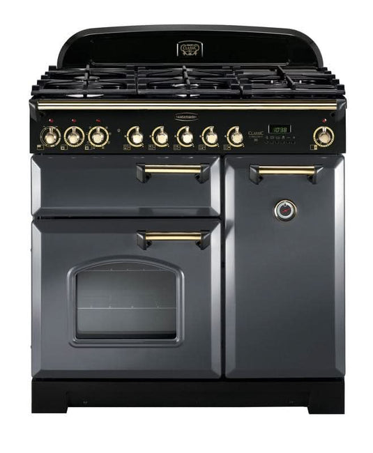 dual fuel rangemaster classic deluxe 90 in slate with brass trim